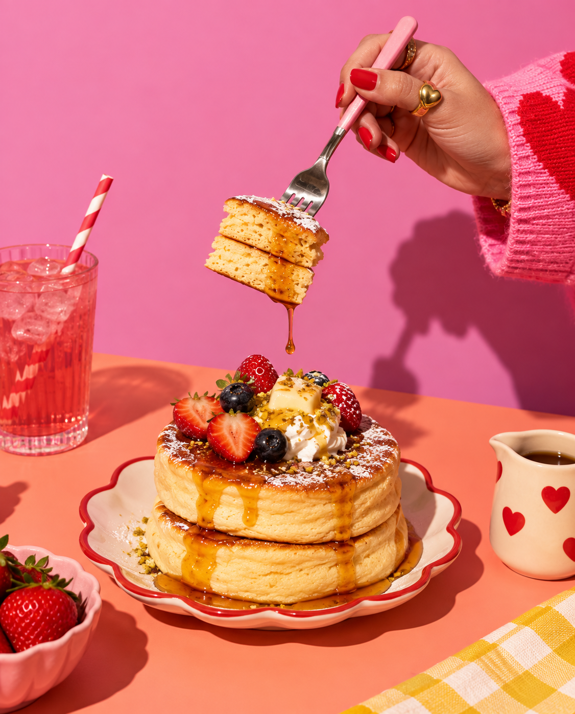 Pancake alti con frutti di bosco, sciroppo e una forchetta
