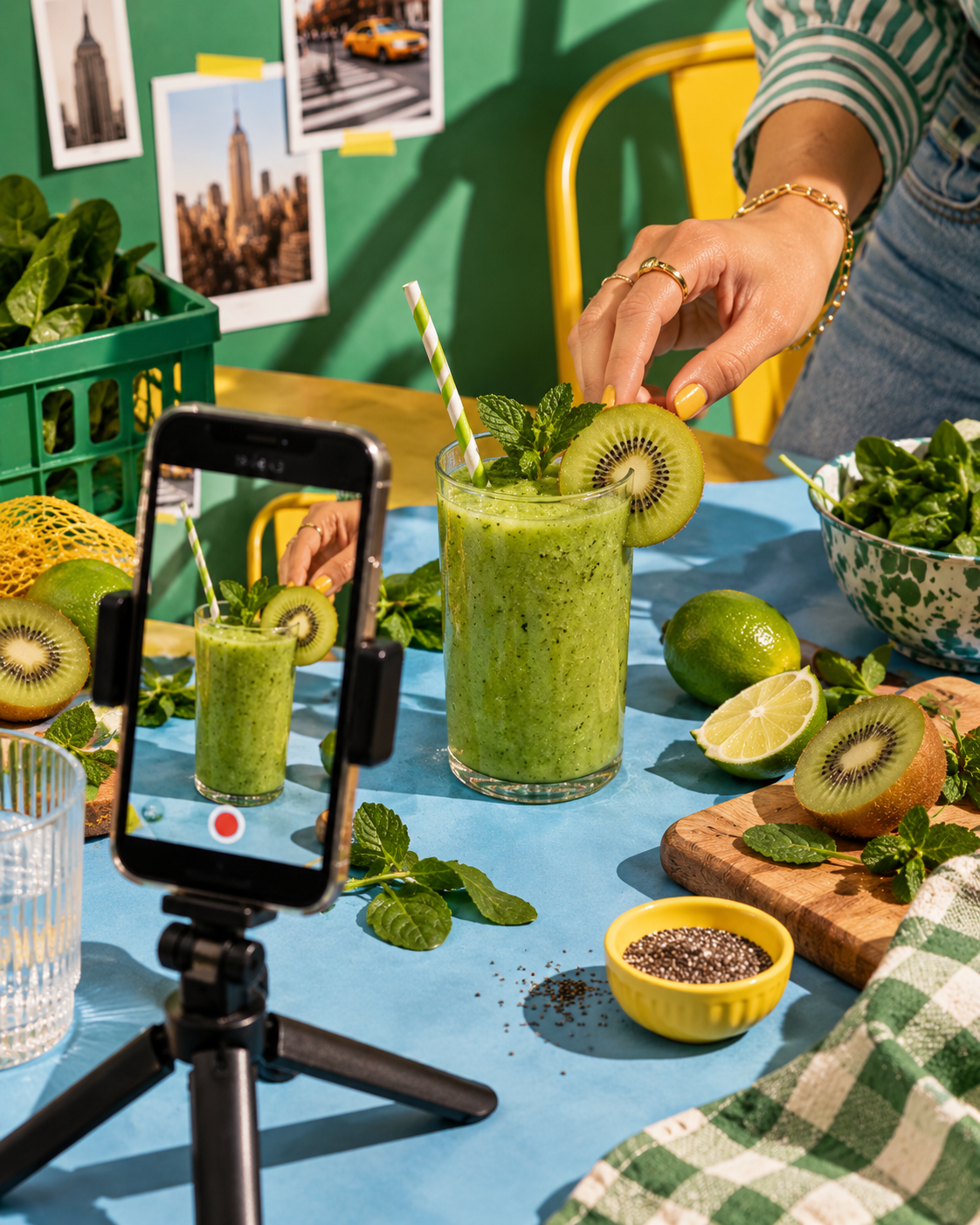 Smartphone su treppiede che riprende uno smoothie al kiwi