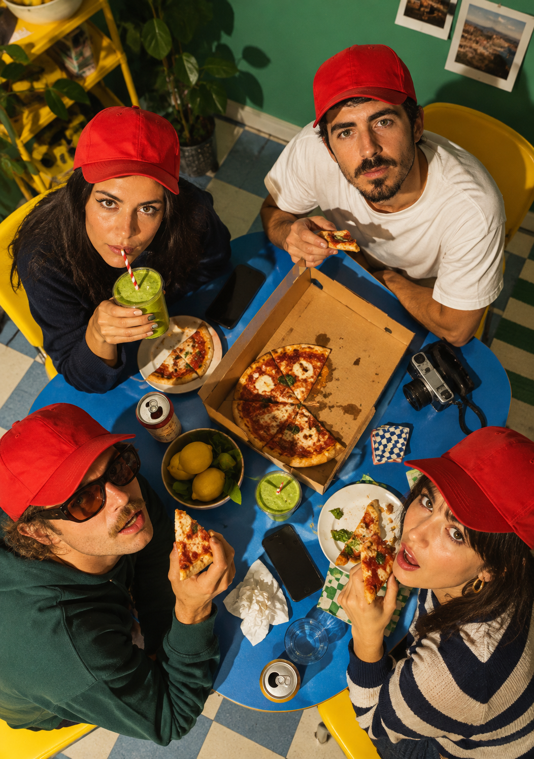 Il team di Feed Me Studio riunito intorno a un tavolo con pizza, smoothie e attrezzatura fotografica